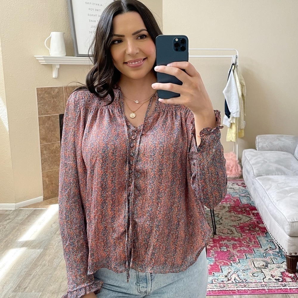 Buddy Love Floral Metallic Long Sleeve Button Blouse